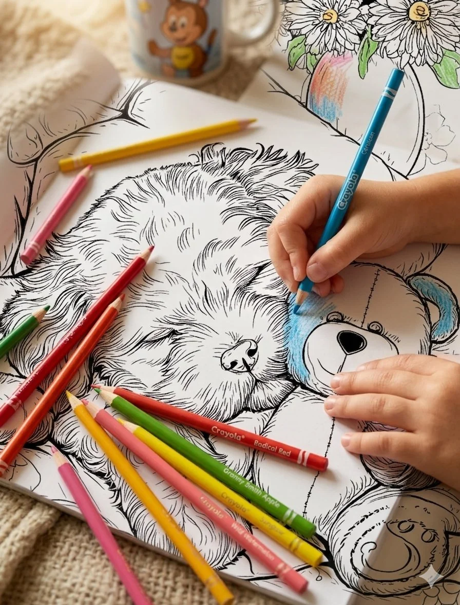 Child's hands coloring a dog illustration with Crayola colored pencils — perfect budget coloring supplies for kids