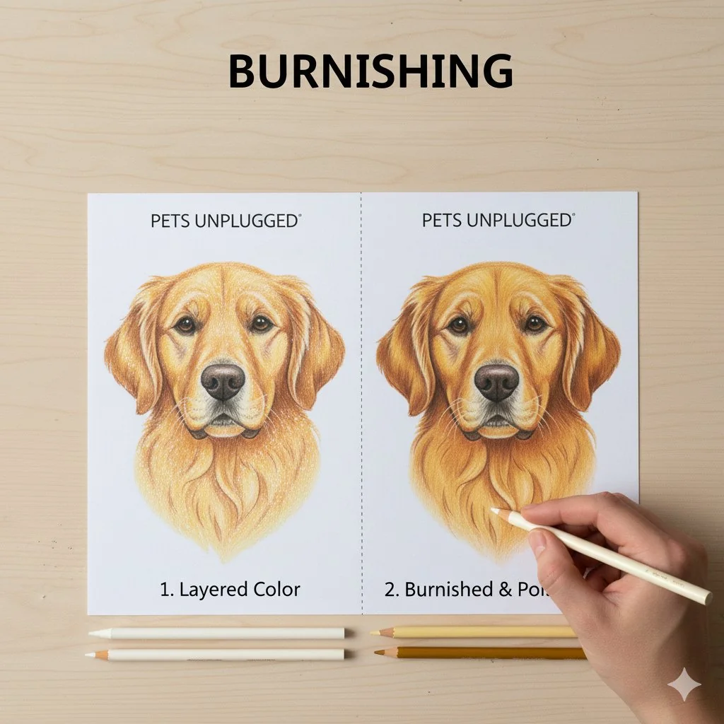 Comparison of a layered colored dog illustration before and after burnishing with a colorless blender pencil