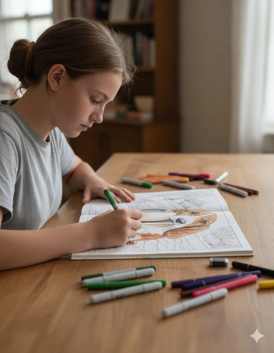 Coloring provides therapeutic calm on the left and a rewarding animation on the right.