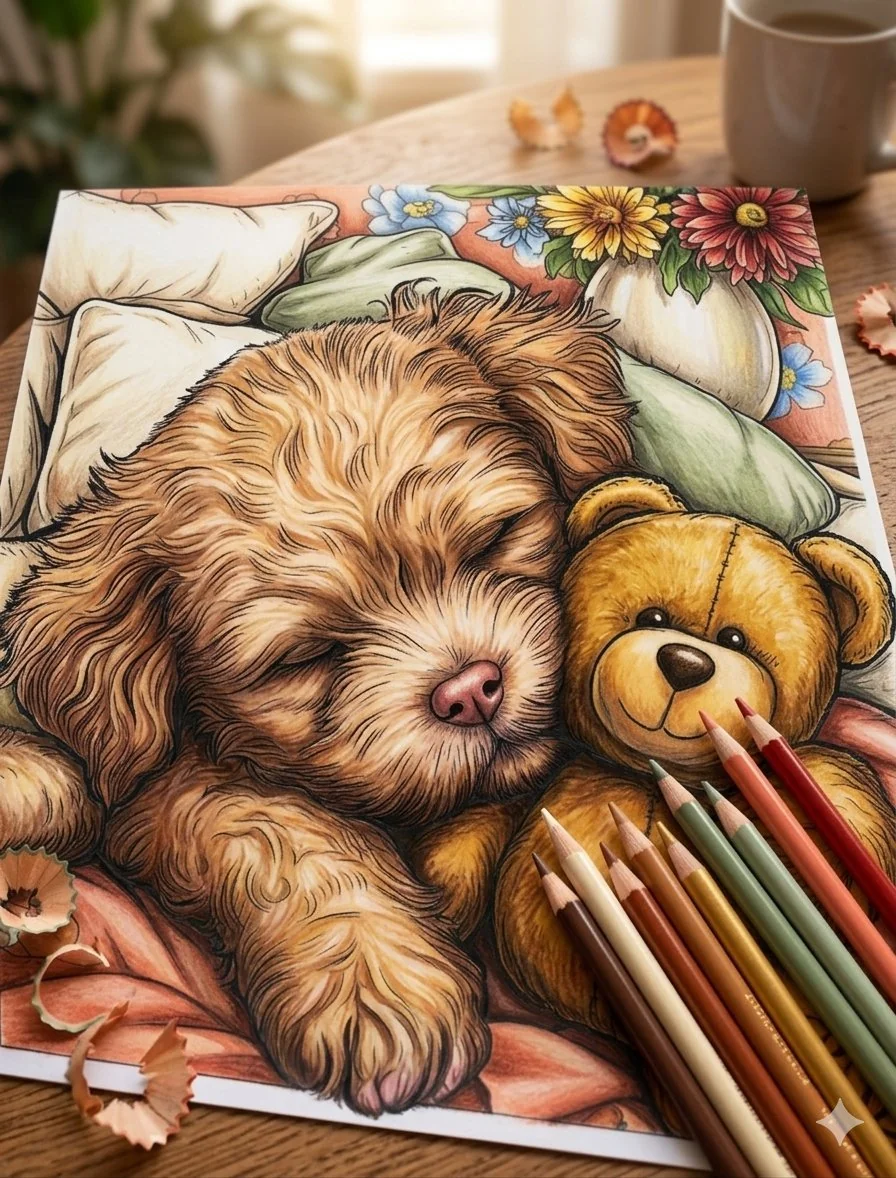 A beautifully finished colored dog and teddy bear illustration with vibrant rich colors using professional colored pencils