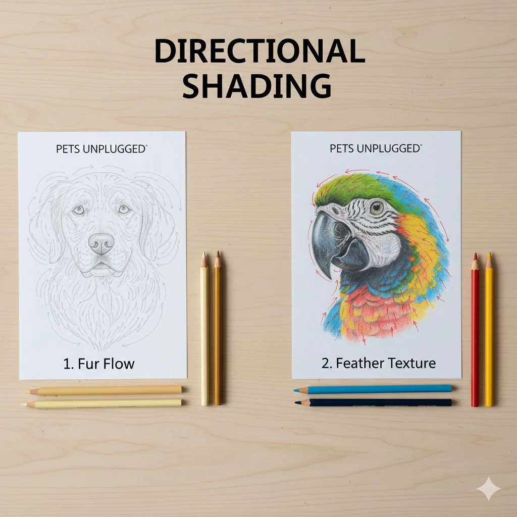 Directional shading technique showing fur flow on a dog illustration and feather texture on a parrot coloring page