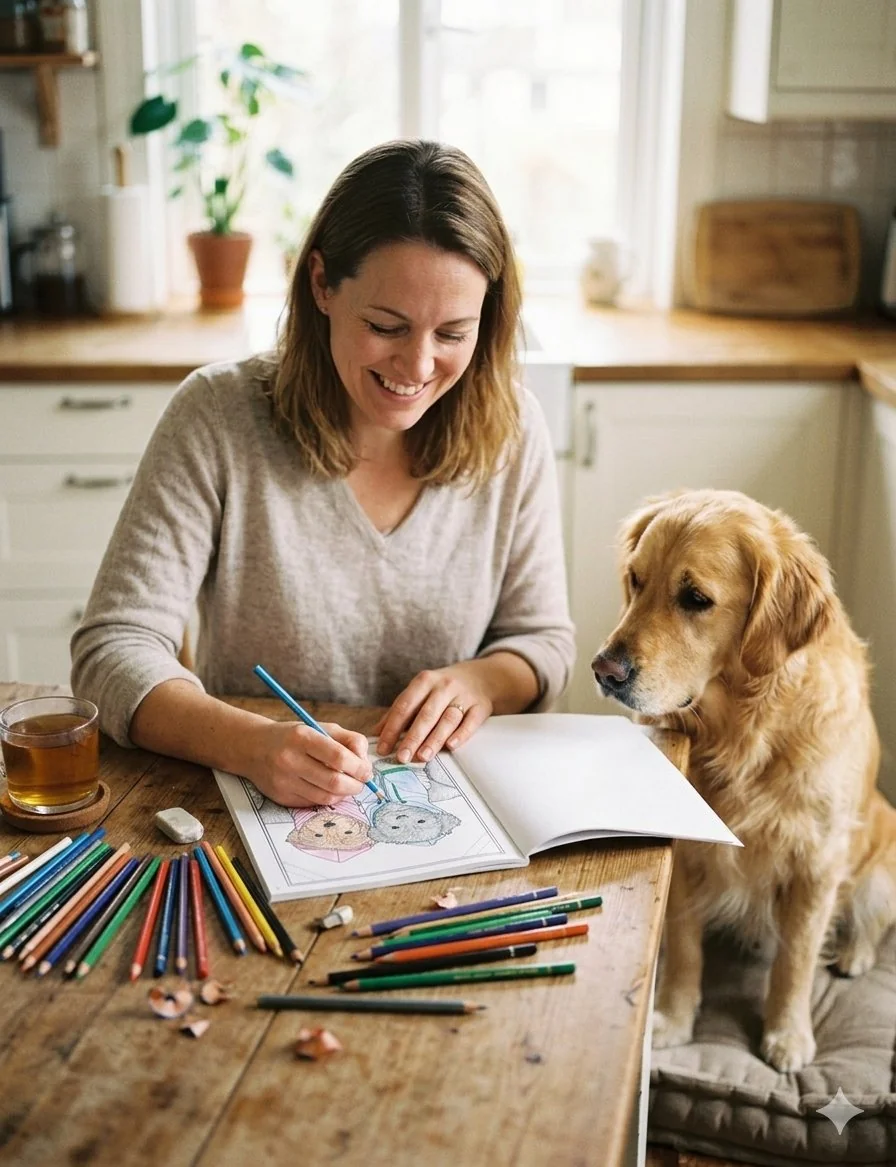 A happy woman coloring a dog illustration at a kitchen table with her golden retriever watching beside her