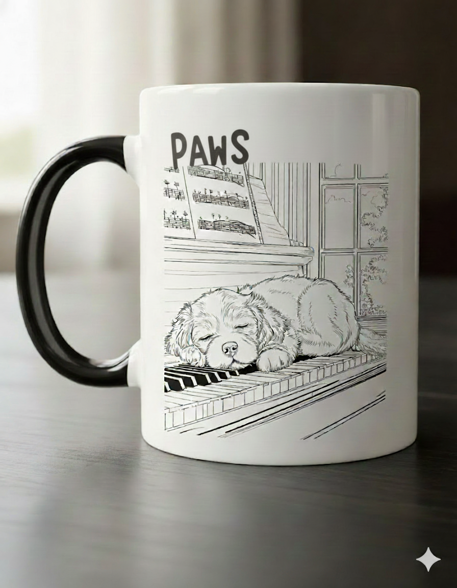 White Coffee Mug with a sketch of a winking corgi puppy wrapped in a blanket