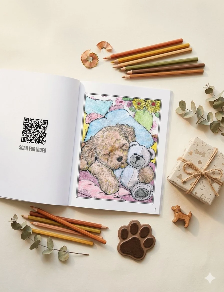 Flat lay of the PAWS interactive coloring book open to a completed dog illustration alongside colored pencils and a wrapped gift