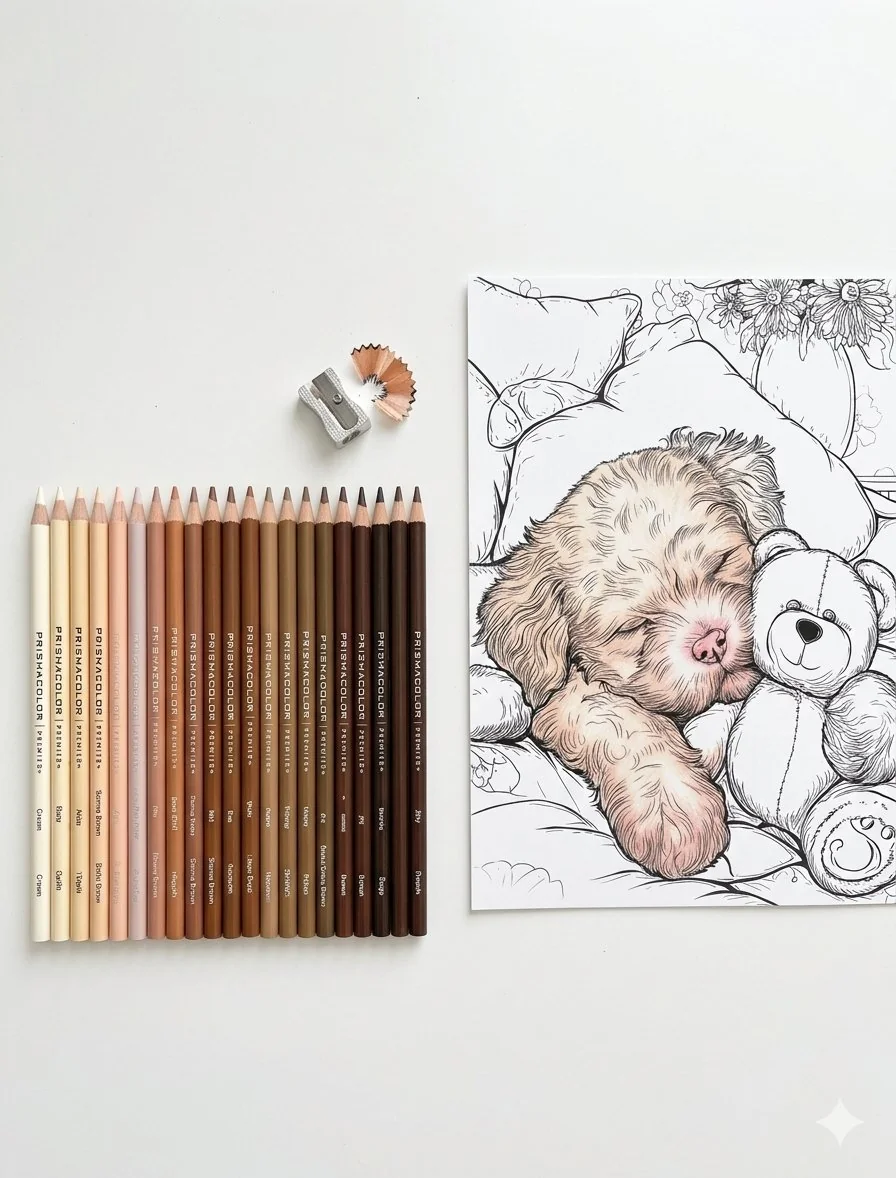 Prismacolor Premier colored pencils arranged by tone next to a partially colored dog illustration — professional coloring supplies for adults
