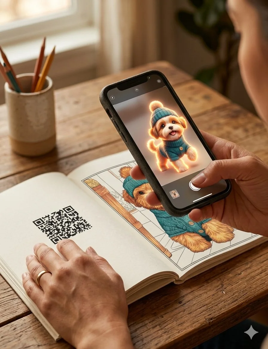 Person scanning QR code on a colored dog illustration with smartphone showing animated glowing dog on screen